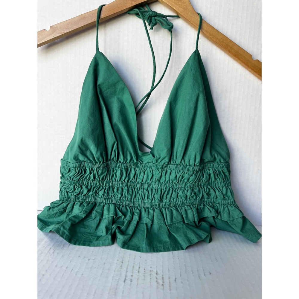 Sim & Sam Green Cotton Halter Top Smocked Ruffle Hem Open Back Size L
